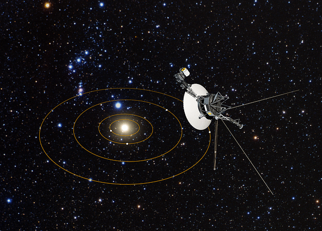 In this artist’s conception, NASA’s Voyager 1 spacecraft has a bird’s-eye view of the solar system. The circles represent the orbits of the major outer planets: Jupiter, Saturn, Uranus, and Neptune. (NASA, ESA, and G. Bacon (STScI))