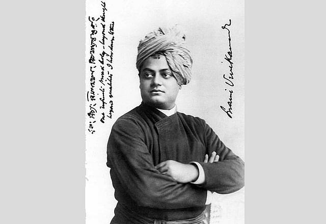 Swami Vivekananda, September 1893, Chicago. On the left, Vivekananda wrote, “one infinite pure and holy – beyond thought beyond qualities I bow down to thee.”