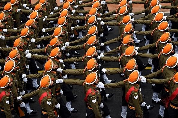 An Army contingent march during the 68th Republic Day parade in New Delhi on January 26, 2017. (MONEY SHARMA/AFP/Getty Images)