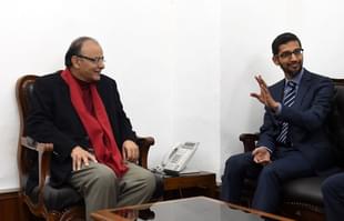Sundar Pichai and Arun Jaitley  at Parliament House. (PRAKASH 
SINGH/AFP/Getty Images)