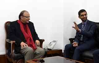 
Sundar Pichai and Arun Jaitley  at Parliament House. (PRAKASH 
SINGH/AFP/Getty Images)

