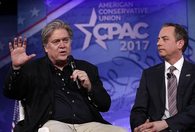 White House Chief of Staff Reince Priebus (R) and White House Chief Strategist Steve Bannon (L) participate in a conversation at CPAC. (Alex Wong/Getty Images)