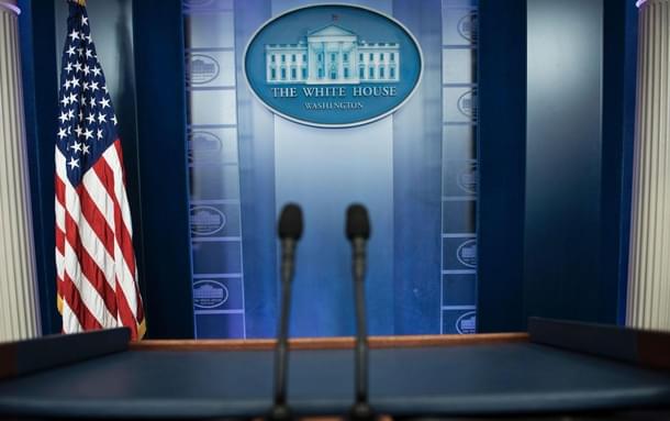 An empty podium is seen as an off camera briefing is held with a
 group of reporters in Washington DC on February 24, 2017. Brendan Smialowski/AFP/Getty