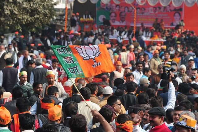 Supporters of the Bharatiya Janata Party (BJP) gather  ahead of the forthcoming Uttar Pradesh assembly election in Allahabad. (SANJAY KANOJIA/AFP/Getty Images)