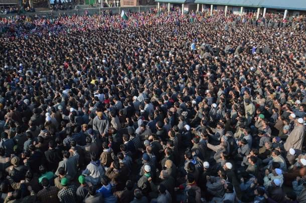 Kashmiri Muslims attend the funeral of two slain terrorists, February 12, 2017. (/AFP/Getty Images) 