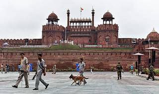 Security force personnel walk in front of the Red Fort in
New Delhi. (SAJJAD HUSSAIN/AFP/GettyImages)