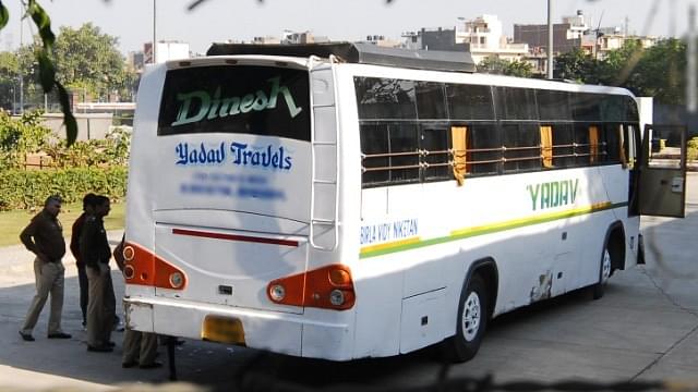 A ‘Yadav Travels’ bus operating without proper documentation.  