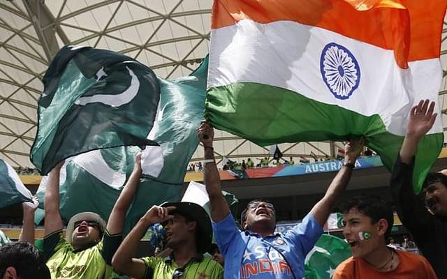 Indian and Pakistani fans during a cricket match.