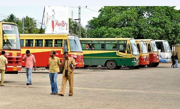 KSRTC buses at a depot. 