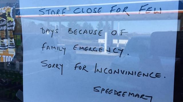 A sign on Harnish Patel’s Speedee Mart store in Lancaster, South Carolina. (Greg Suskin/Twitter)