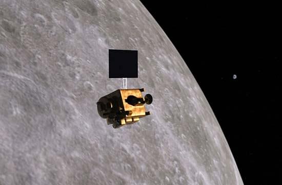 An artists’s rendering of the Chandryaan-1 in the lunar orbit (Photo Credit: Doug Ellison/Britannica)