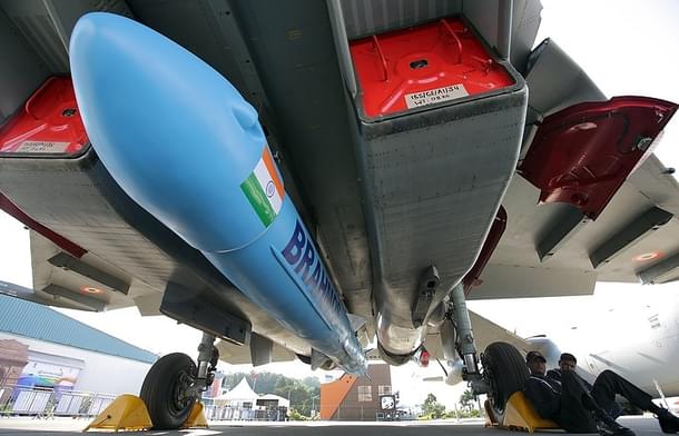 A Su-30MKI fighter equipped 
with a BrahMos-A cruise missile, on display at Aero India 2017 air show.
