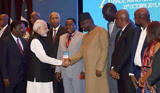 Prime Minister Narendra Modi greets African leaders during a trade summit.