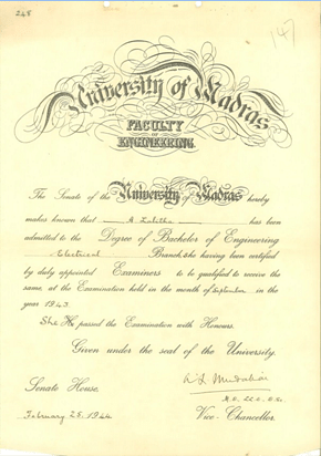 

Lalitha’s engineering degree certificate. Notice the default pronoun used, ‘He’ in ‘He passed the Examination with Honours.’ It was manually corrected to ‘She’, to refer to A Lalitha.