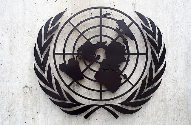 The United Nations emblem at the United Nations Office (UNOG) in Geneva, Switzerland. (Johannes Simon/Getty Images)