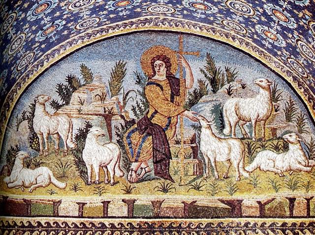 Jesus replaces Orpheus completely. Lyre is

replaced by cross-like scepter. Mithraic headwear

is gone. The diversity of fauna, replaced by

monoculture of white sheep: Mosaic in the

Mausoleum of Galla Placidia, 5 th century CE.