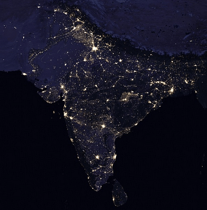 Composite images of India and surrounding areas at night.

(NASA Earth Observatory/Joshua Stevens/Miguel Román)



