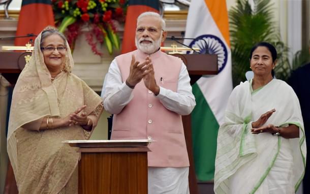 Prime Minister Narendra Modi with his Bangladeshi counterpart Sheikh 
Hasina and West Bengal Chief Minister Mamata Banerjee (PTI)