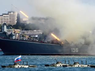 Russian naval ship participating in an exercise in the Mediterranean sea. 