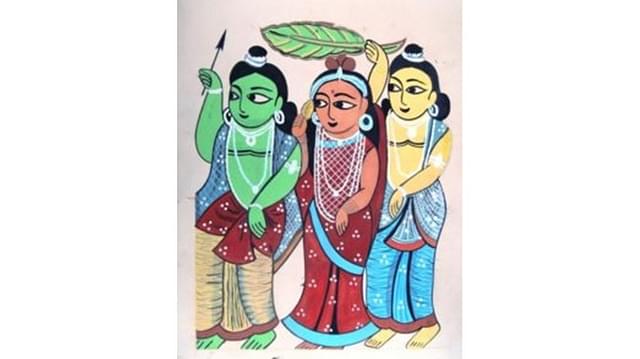 &nbsp; Sita in vanvaas. Ram leads. Stay firm, Lakshmana’s comforting banana leaf. (Kalighat) &nbsp;