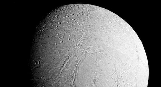 Saturn’s ice-covered ocean moon, Enceladus.