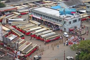 Kerala State Road Transport Corporation (KSRTC) buses at a bus depot (EyesWideOpen/Getty Images)