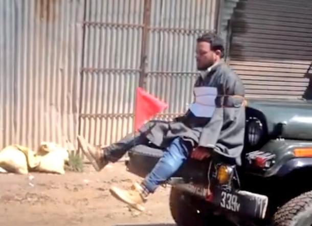 Farooq Ahmad Dar, a resident of Kashmir’s Beerwah town, tied to an army vehicle. 