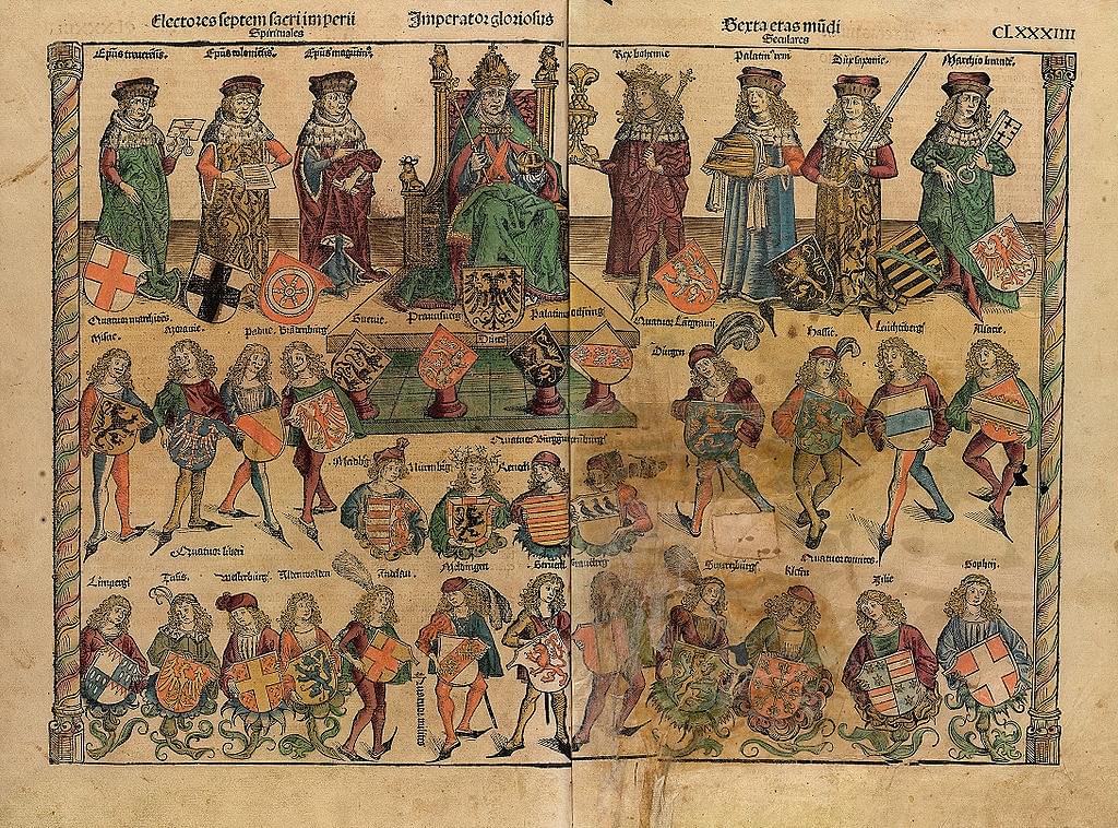 An illustration from Schedelsche Weltchronik depicting the structure of the Reich: The Holy Roman Emperor is sitting; on his right are three ecclesiastics; on his left are four secular electors. (Source: Wikipedia)