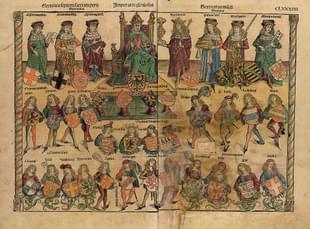 An illustration from Schedelsche Weltchronik depicting the structure of the Reich: The Holy Roman Emperor is sitting; on his right are three ecclesiastics; on his left are four secular electors. (Source: Wikipedia)