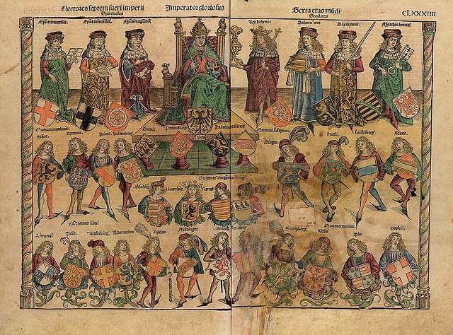 An illustration from Schedelsche Weltchronik depicting the structure of the Reich: The Holy Roman Emperor is sitting; on his right are three ecclesiastics; on his left are four secular electors. (Source: Wikipedia)