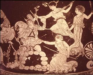 Orpheus dismembered by Maenads, as depicted in a greek vase