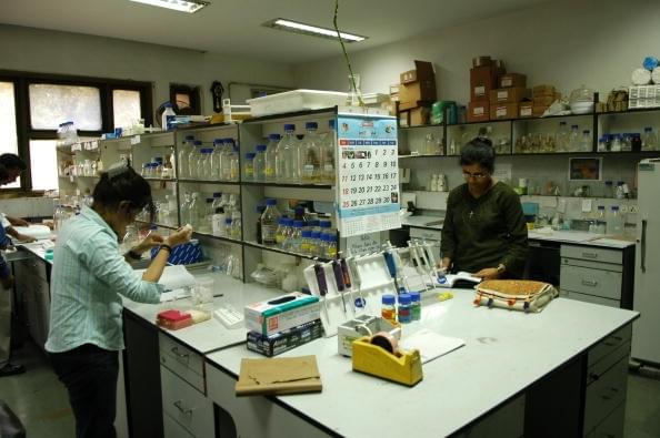Researchers and students in a lab at the Indian Agricultural Research Institute. (Sumeet Inder Singh/The India Today Group/Getty Images)