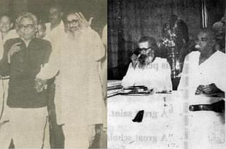 [Left]: ‘Guruji’ Golwalkar with Ram Manohar Lohia:
Photo courtesy Tapan Gosh. [Right] ‘Guruji’ Golwalkar with Sant &nbsp; Tukdoji Maharaj during the founding of the
VHP
