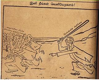  A cartoon in the popular Tamil magazine Kalki in the 1950s; Sri Lankan prime minister uses Nehru’s statement as a stick to beat the Tamils who became stateless.