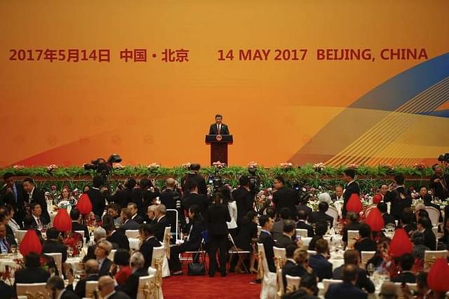 Chinese President Xi Jinping delivers his speech during the welcoming banquet for the Belt and Road Forum in Beijing.