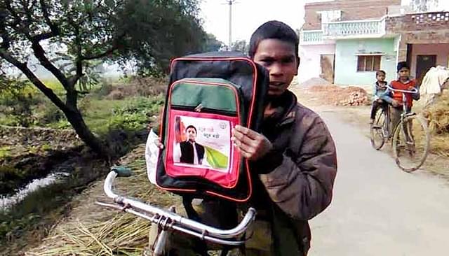 A schoolbag with a picture of former chief minister Akhilesh Yadav. 