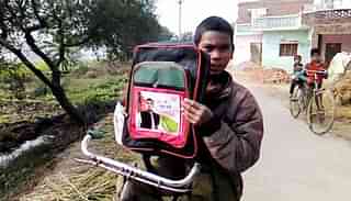 A schoolbag with a picture of former chief minister Akhilesh Yadav. 