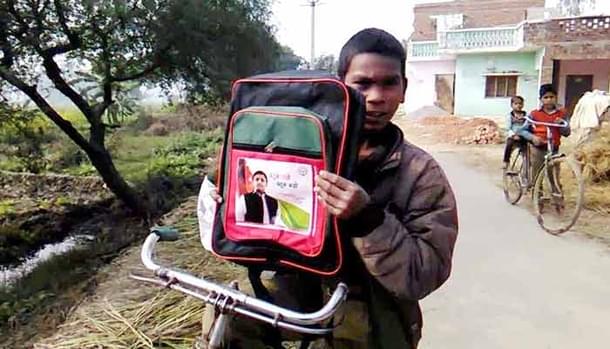 A schoolbag with a picture of former chief minister Akhilesh Yadav.