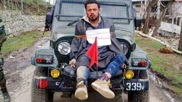 Farooq Ahmed Dar&nbsp;tied to a jeep (Youtube)