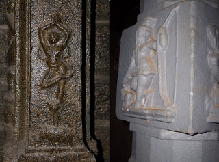 Arjuna doing Tapas standing on one leg, and Shiva as tribal hunter in two different pillar sculptures of Kanyakumari district temples.