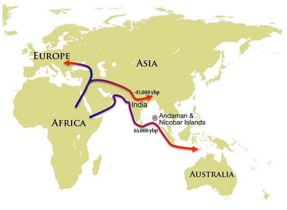 Possible routes of modern human migrations to Indian subcontinent.