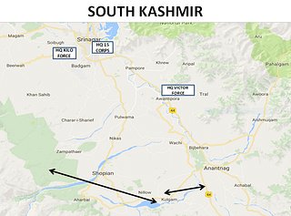 

Map represents South Kashmir with the Pulwama - Shupiyan - Kulgam - Bijbehara (PSKB) quadrangle. The arrows show the alignment where density of troops reduced over time and which today demands fresh deployment. 