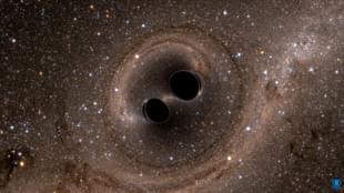 Two black holes
spiral inwards, heading towards a collision.