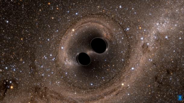 Two black holes
spiral inwards, heading towards a collision.