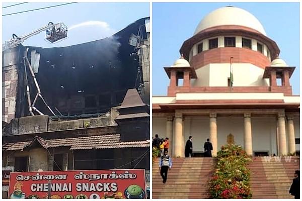 The Chennai Silks Building on fire (left) and the Supreme Court of India (right)