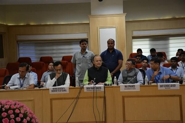 (L to R) Revenue Secretary  Hasmukh Adia, Finance Minister Arun Jaitley, Minister of State for Finance Santosh Gangwar and Chief Economic Adviser Arvind Subramanian (Ministry of Finance/Twitter)