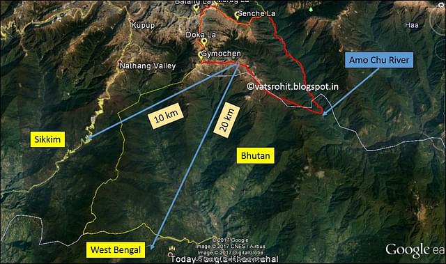 Map showing the distance from the ridge-line to Sikkim and West Bengal (Source:Google Earth)