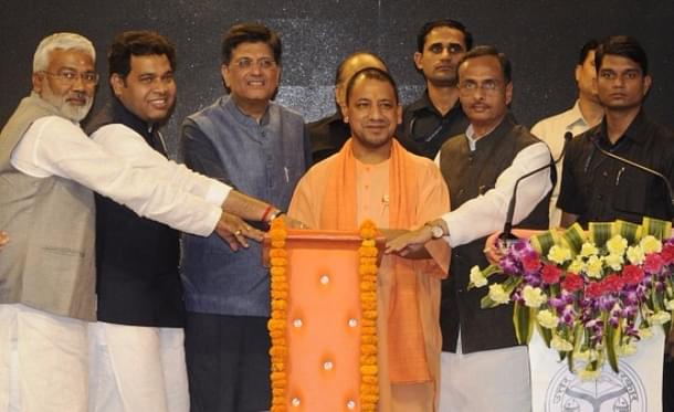 Union power minister Piyush Goyal inaugurating the ‘power for all’ programme in the presence of Uttar Pradesh chief minister Yogi Adityanath, deputy chief minister Dinesh Sharma and UP energy minister Srikant Sharma on 14 April 2017 in Lucknow, India. (Ashok Dutta/Hindustan Times via Getty Images)
