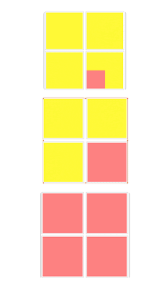 Renormalisation group: steps one through three (start from the top): Four boxes containing four boxes, with one of the boxes pink at step one, with successive applications of the minority rule.