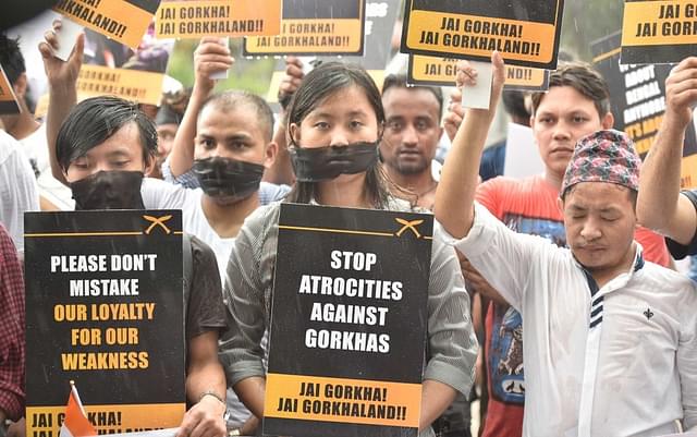 Supporters of Gorkhaland hold a peaceful protest against the imposition of Bengali language  at Azad Maidan in Mumbai, India. (Anshuman Poyrekar/Hindustan Times via GettyImages) &nbsp;